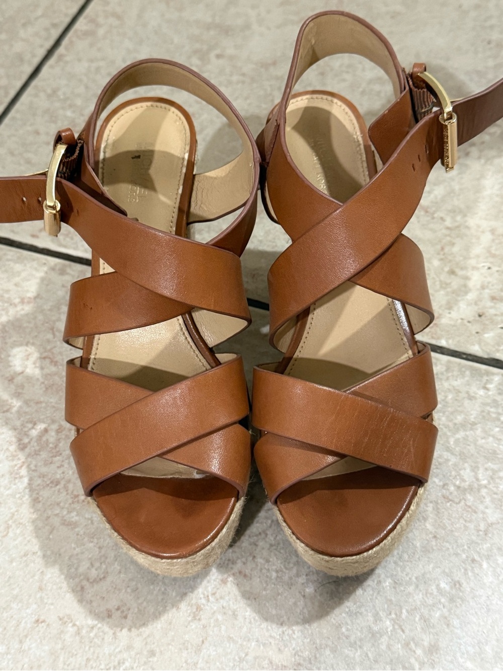 Michael Kors Leather Espadrille Platform Sandals Brown Size 6.5 Ankle Strap